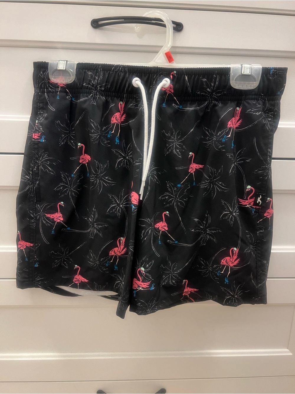 Men’s Hollister Black Swim Trunks with Pink Flamingo Print-Size S